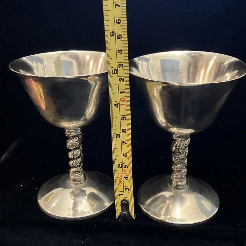 Set Of 2 VTG Silver Tone Twisted Stem Wine Goblets Valero Spain Polished Barware